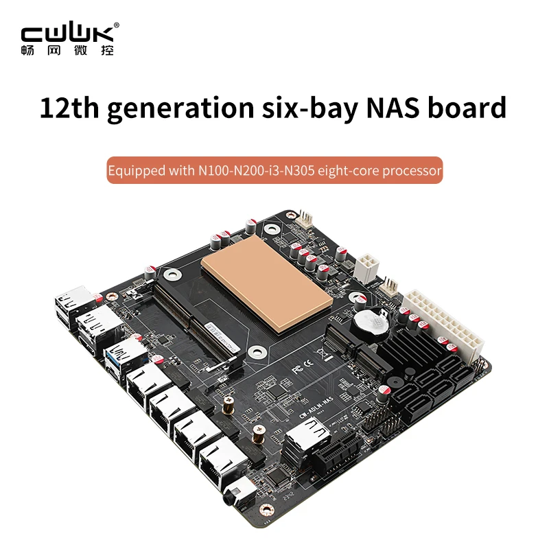 Материнская плата CWWK N100/i3-N305 six-bay NAS monster board/4x 2,5G/6x SATA3.0/2x M.2 NVMe/115X, радиатор ITX, материнская плата типа ITX