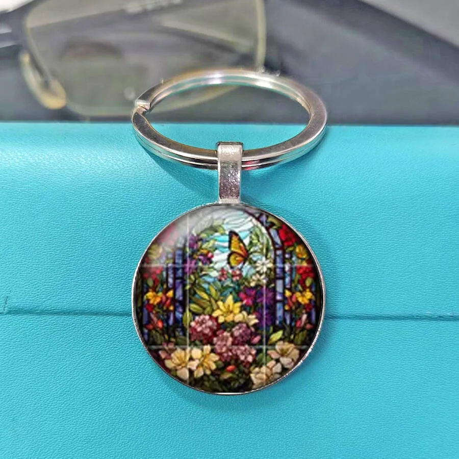 Stained Glass Butterfly Wildflower Landscape Cabochon Keychain, Style Floral Garden Sunset Round Glass Dome Keyring Birthday Gif
