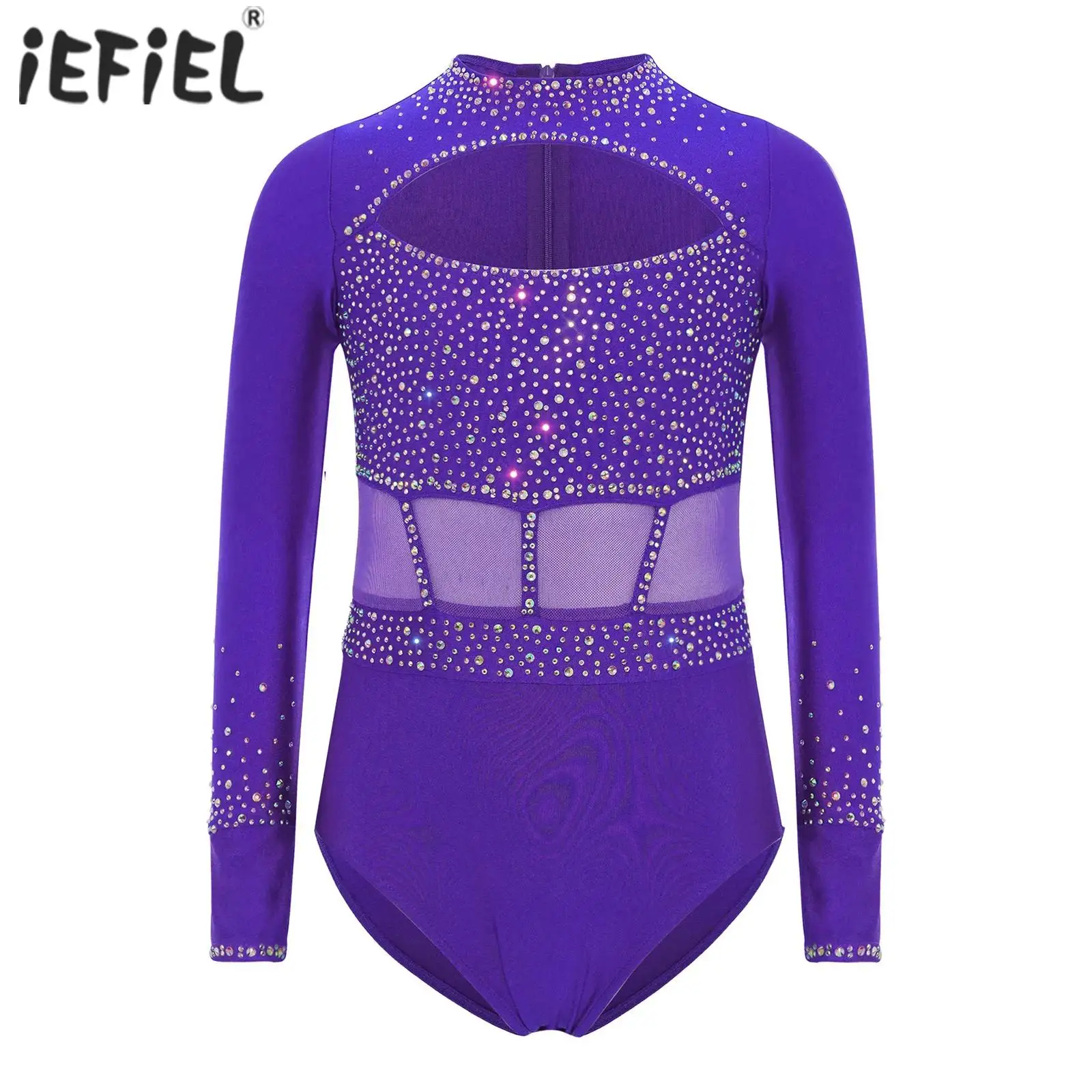

Детский купальник со стразами для балета и гимнастики для девочек, танцевальный купальник с длинными рукавами и вырезом сзади спереди, боди для катания на коньках, сценического выступления