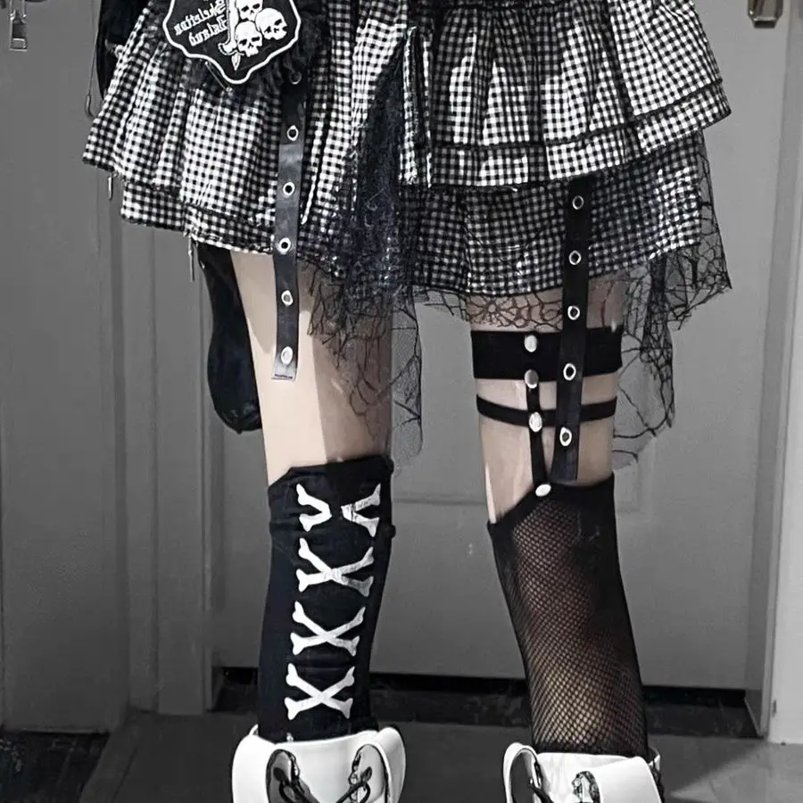 Korean 2000s Girls Kawaii Punk A-line Mini Skirt Harajuku Vintage 90s Black White Rock Cake Skirts Y2K Lace Ball Gowns Skater