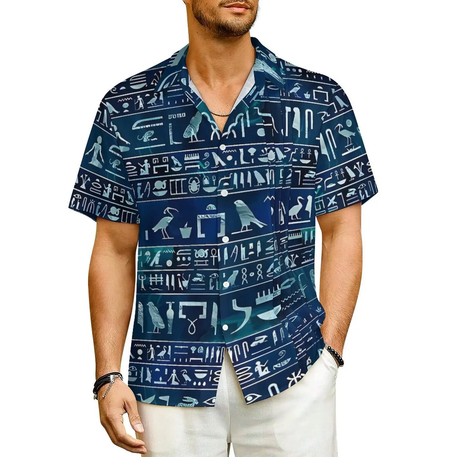 Ancient Egyptian Art Hieroglyphs Blue Casual Shirt Summer Shirts Male Short-Sleeve Beach Streetwear Design Oversized Blouses