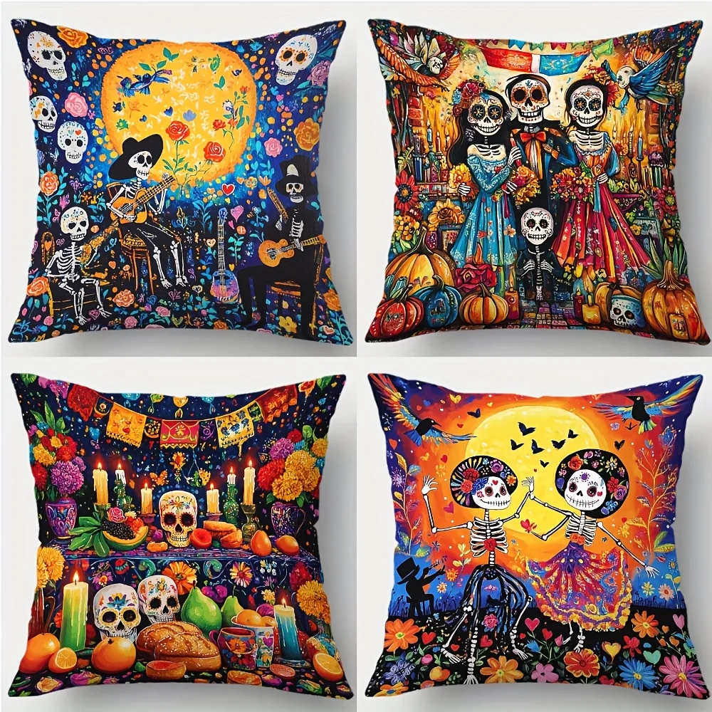 4pcs, printed pillowcases, with patterns of skulls, guitars, flowers, and moons, creating a joyful and mysterious atmosphere