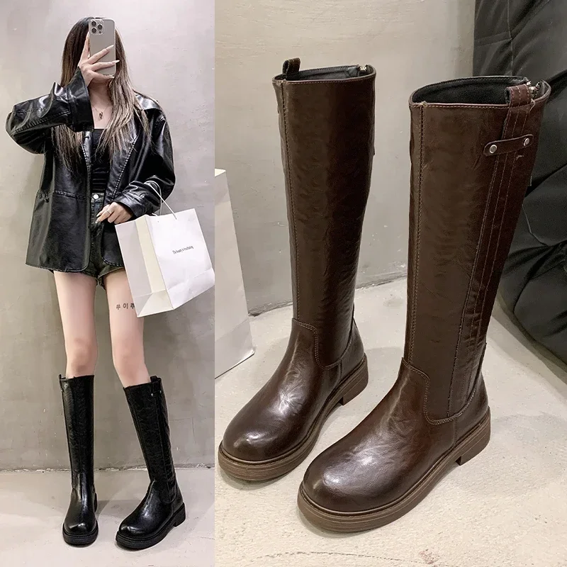 

Women's Knee-high Boots Spring Autumn New Thick-soled High-top Boots Side Zipper Knight Boots Rubber Sole Motorcycle Botas Mujer