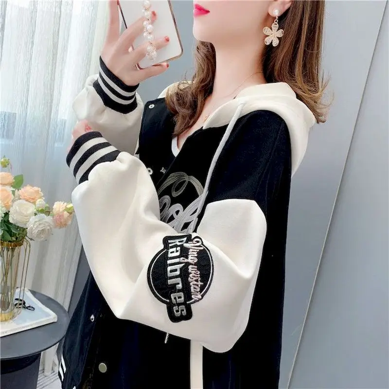 Hooded Cardigan Coat Women Autumn Winter Trendy Plush Zip Up Hoodie Fashion Design Letter Embroidery Hoodies Casual Loose Jacket