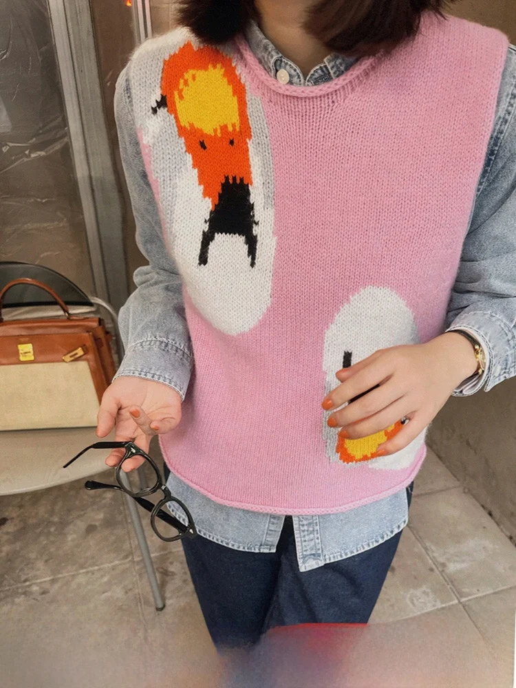 

Liberlin Sisy Fun Pink Knitted Vest Heavy Embroidery Cuffed Beautiful Women's Top Autumn Winter New Sle Commute Sle