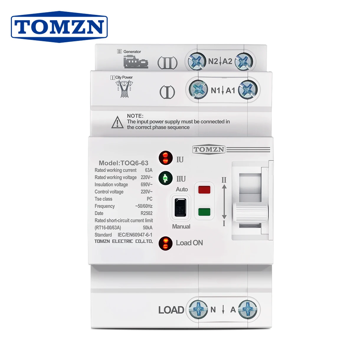 TOMZN Din Rail ATS L N 220V Small Dual Power Automatic Transfer Electrical Selector Switches Uninterrupted 2P 63A TOQ6