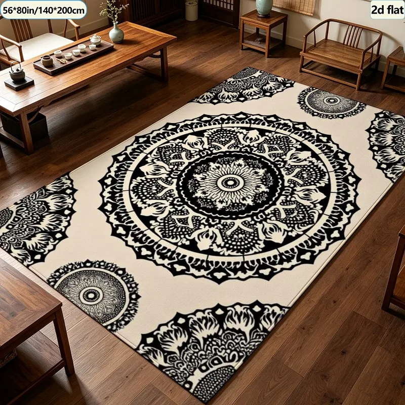 Boho Black Beige Mandala Pattern Carpet Flooring, Ethnic Vintage Floral Medallion Area Rug Non‑Slip Floor Mat for Living Room Bohemian Home Decor
