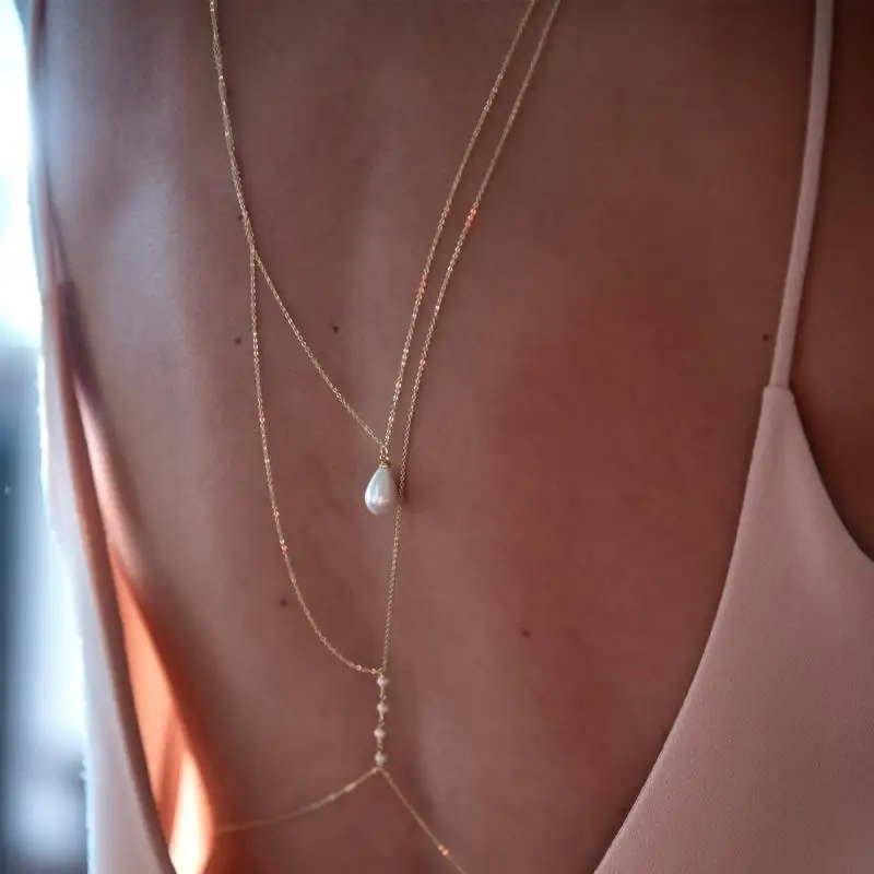 【xxx】 Collar de cadena de perlas multicapa para mujer, cadena de cuerpo larga de metal sin espalda, accesorios de joyería para novia y boda
