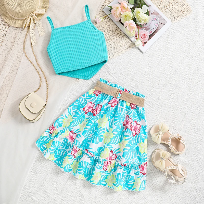 Girls Dress For 8-12 Years Blue Halter Top & Printed Skirt Belt Casual Vocation Party Children\'s Top And Bottom Clothes Set
