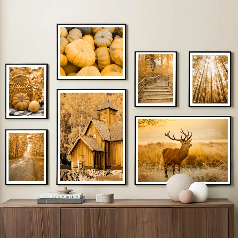 

Autumn Landscape Wall Art Mural Wooden House Pumpkin Deer Woods Canvas Painting Posters Prints Pictures Living Room Home Decor