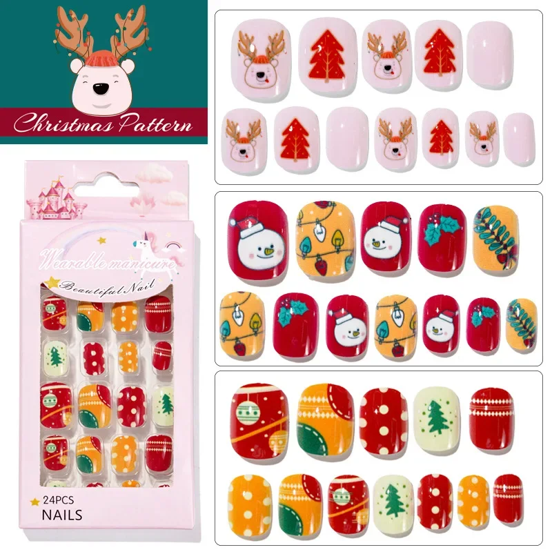 24Pcs/set Christmas nail wear nail patch all stick back glue cute children hand-worn nail short nail patch wholesale false nails