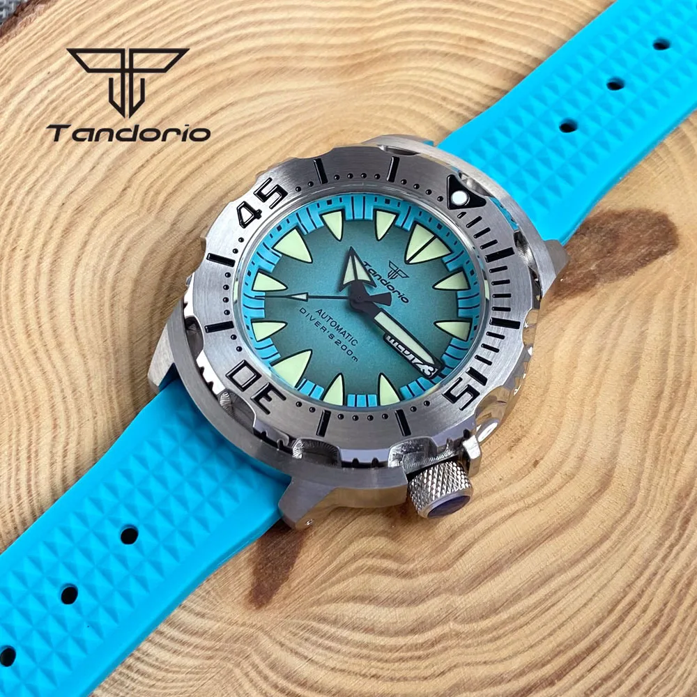 Tandorio NH36 42mm Monster 20BAR Dive Mechanical Automatic Watch for Men Wristwatch AR Sapphire Crystal Date Week Luminous Dial