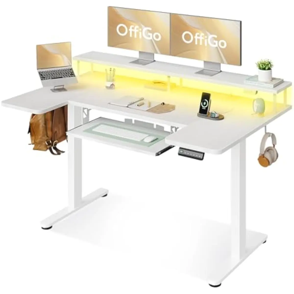 55 Inch U Shaped Motorized Height Adjustable Desk in White with Dual Corner Layout, Built-In USB Ports, Polished Engineered Wood