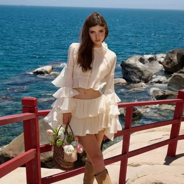 

Утягивающий женский костюм-двойка с круглым вырезом и рюшами, женская сетчатая рубашка с низкой талией и оборками, мини-юбка для женщин