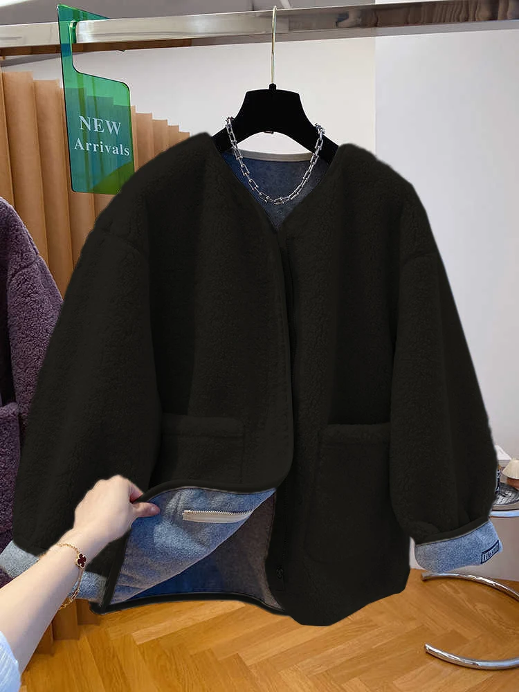 معطف شتوي نسائي مقاس كبير من فرو الخروف الأرجواني، سميك وفضفاض، تصميم عصري، تنورة عالية الخصر على شكل حرف A، إغلاق بسحاب