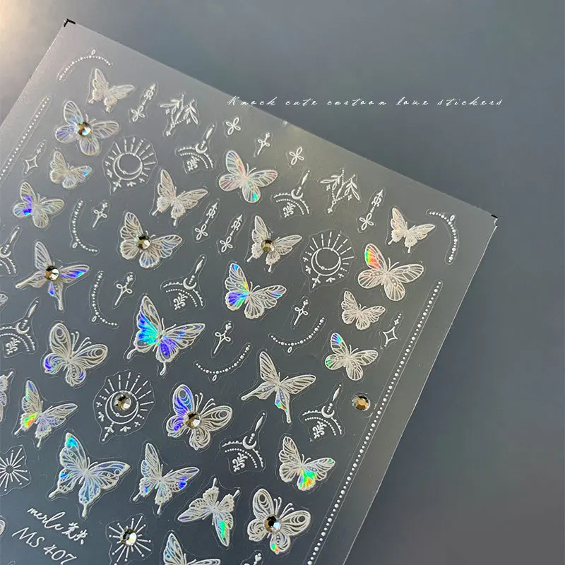 -Yarn Lace Butterfly- Crystal Diamond Nail Enhancement Stickers Thin Tough Aurora Butterfly Shell Piece Adhesive Decals 404nails