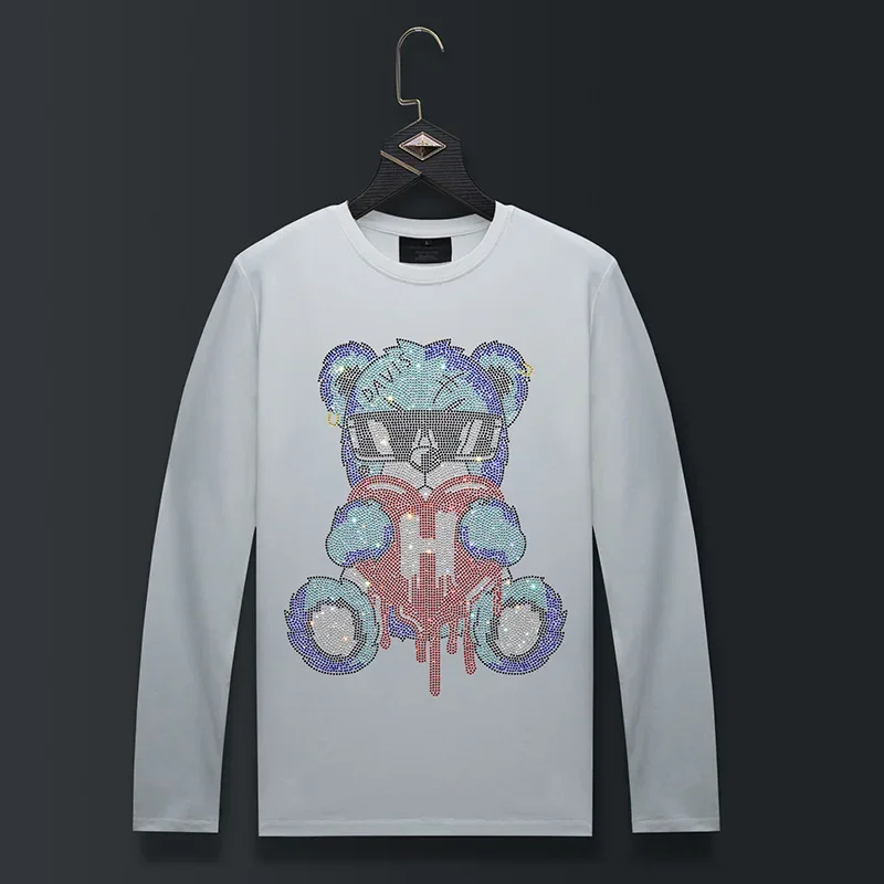 Plus Size O Neck Long Sleeve T Shirts Men Fashion Streetwear Cartoon Bear Rhinestones Modal Cotton Slim Tshirts Mens Clothing