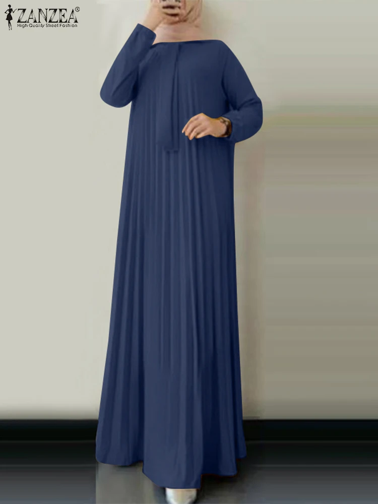 ZANZEA Muslim Islamic Dress with Necktie Loose Casual Women Long Sleeve Pleated Abaya Plisse Robes Autumn 2024 O Neck Vestidos