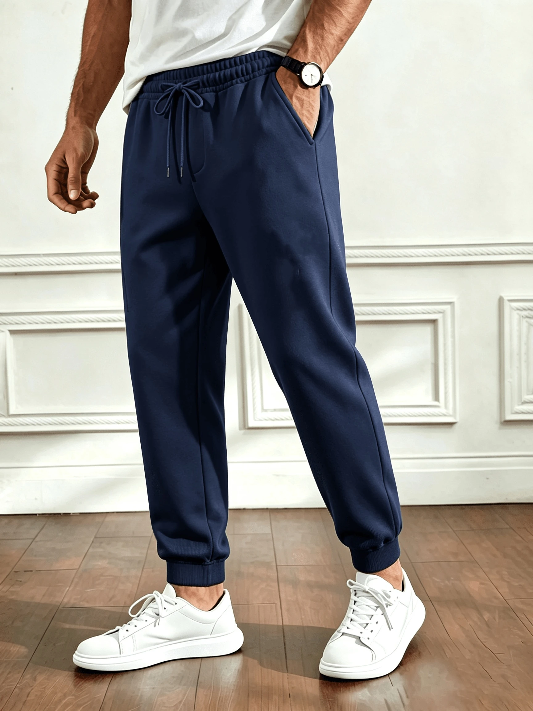 Men'S Spring/Autumn Elastic Waist Drawstring Ankle-Cinching Casual Trousers, Side-Pocket Long Pants
