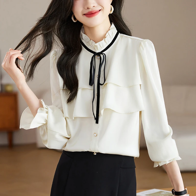 QOERLIN Chic Ruffles Stand Collar Flare Sleeve Single-Breasted Tops Chiffon Shirts Women Elegant Casual Korean Fashion Blouse