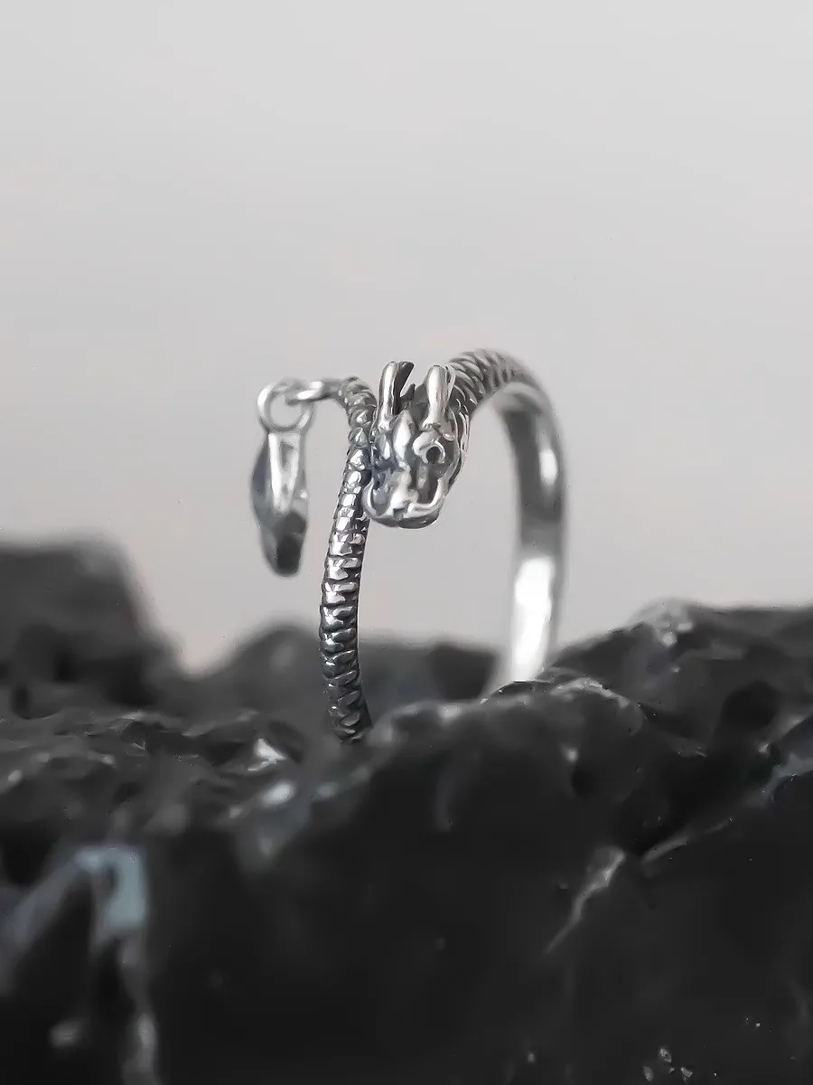 HX Silver Color Dragon Swing Tail Old Smart Swing Zodiac Year of The Dragon Open Ring Tail Ring for Woman Rings Luxury Sale Fine