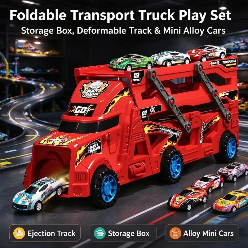 Deformable Transport Truck Toy Foldable Storage Box With Ejection Track Pull Back Alloy Mini Cars For Boy Indoor Play