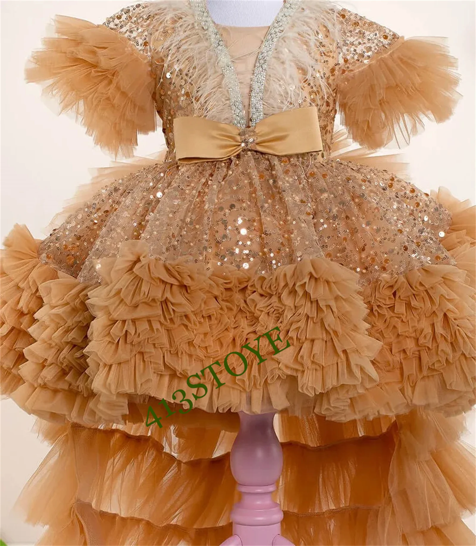 CustomizedFlower Girl Dress Champagne for Wedding Feathers Ruffles Kids Birthday Party Gowns Sequins First Communion Dresses