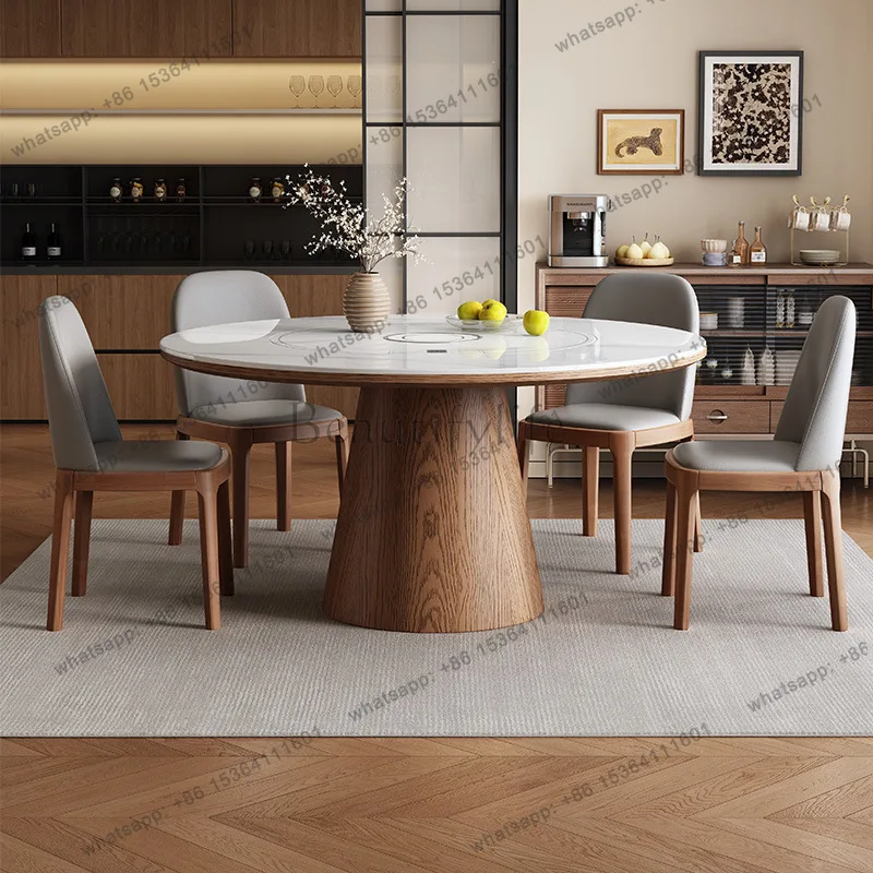 Solid wood rock slab dining table embedded electric rotating vegetable warming multi-functional induction cooker household