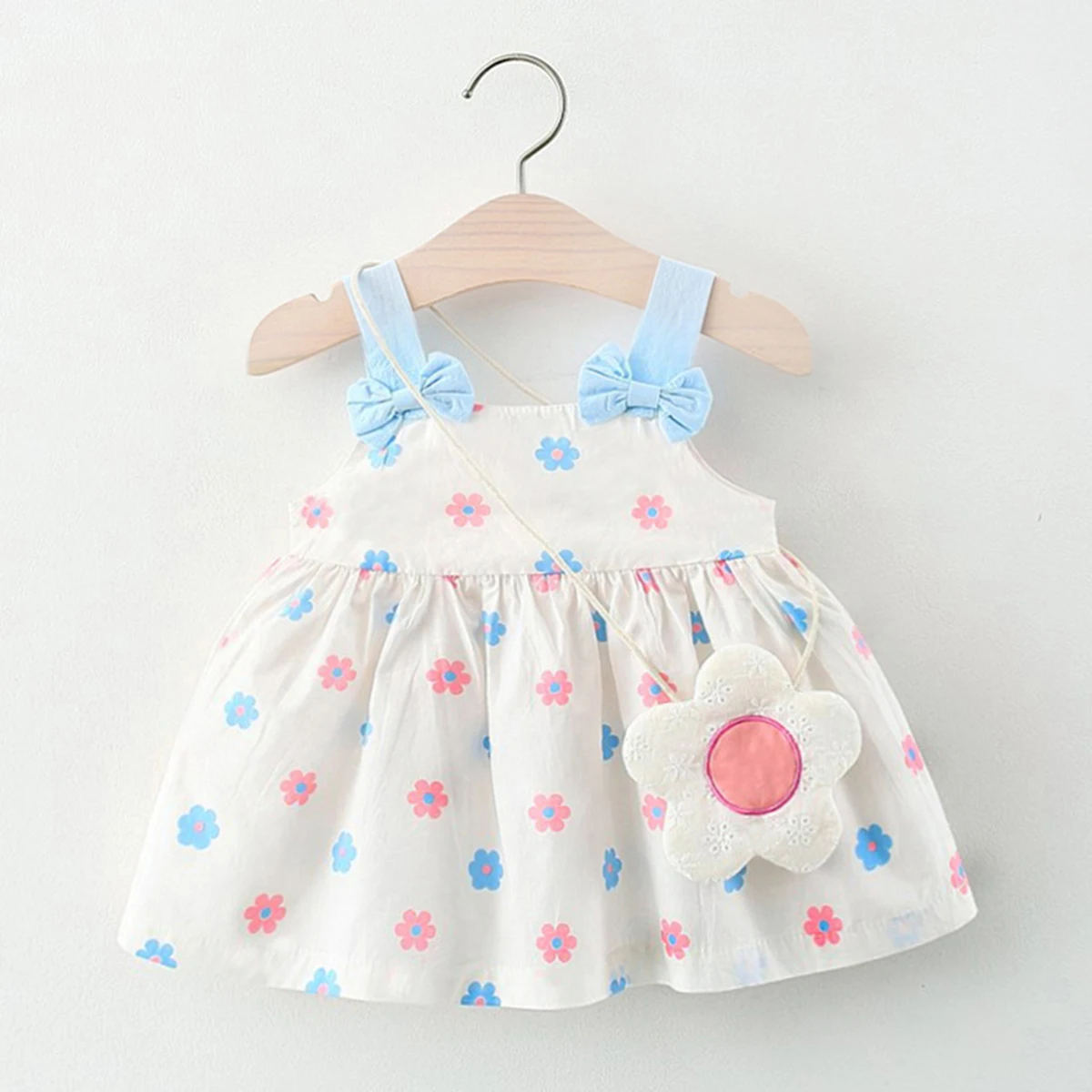 Summer Baby 2-Piece Set With Diagonal Straddle Bag Girl Bow Strap Flower Daily Knee Length Sweet Dress