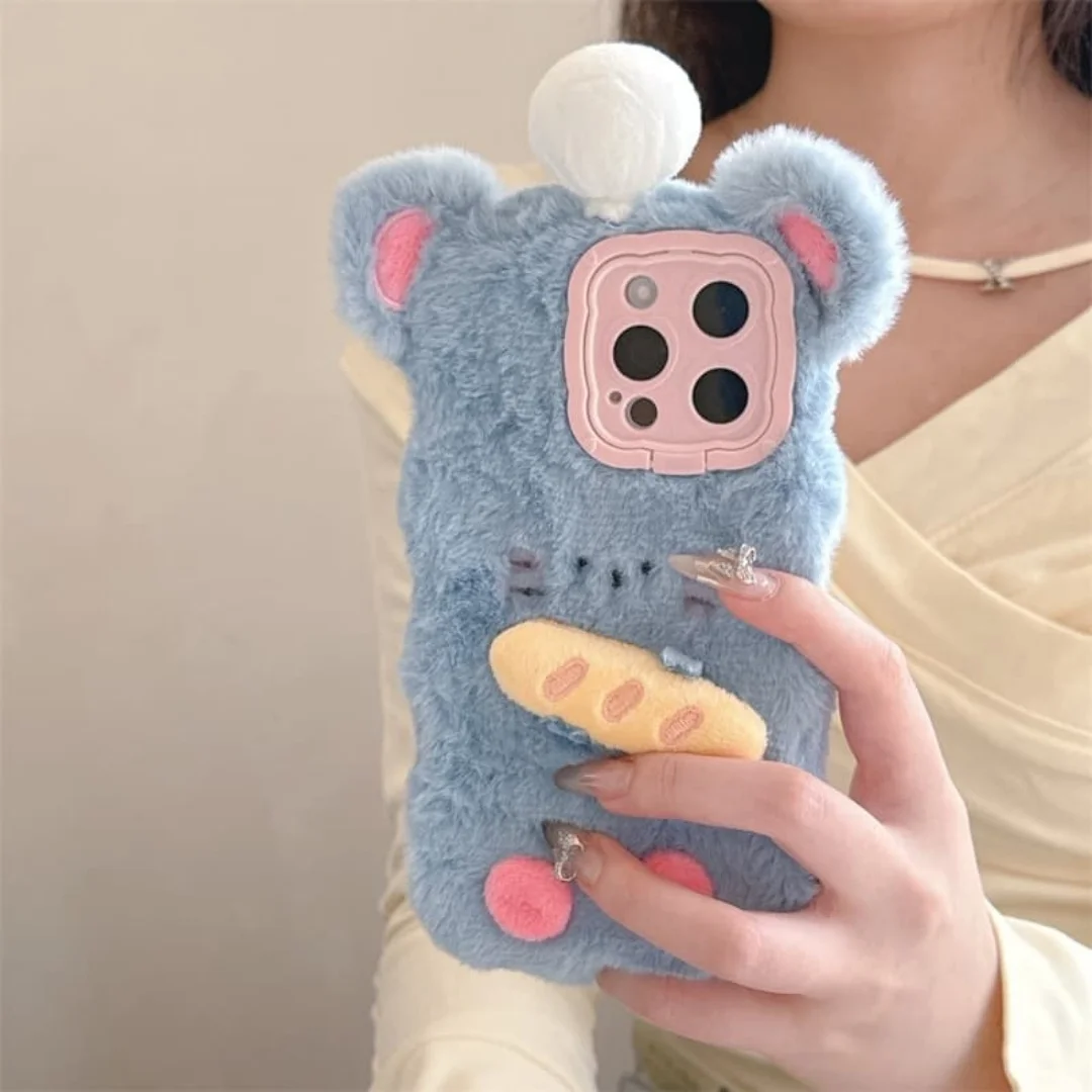 Cute Bread Mouse Plush Phone Case for iPhone 11 12 13 14 15 16 17 Pro Max 14 15 Plus Winter Warm Fluffy Soft Shockproof Cover