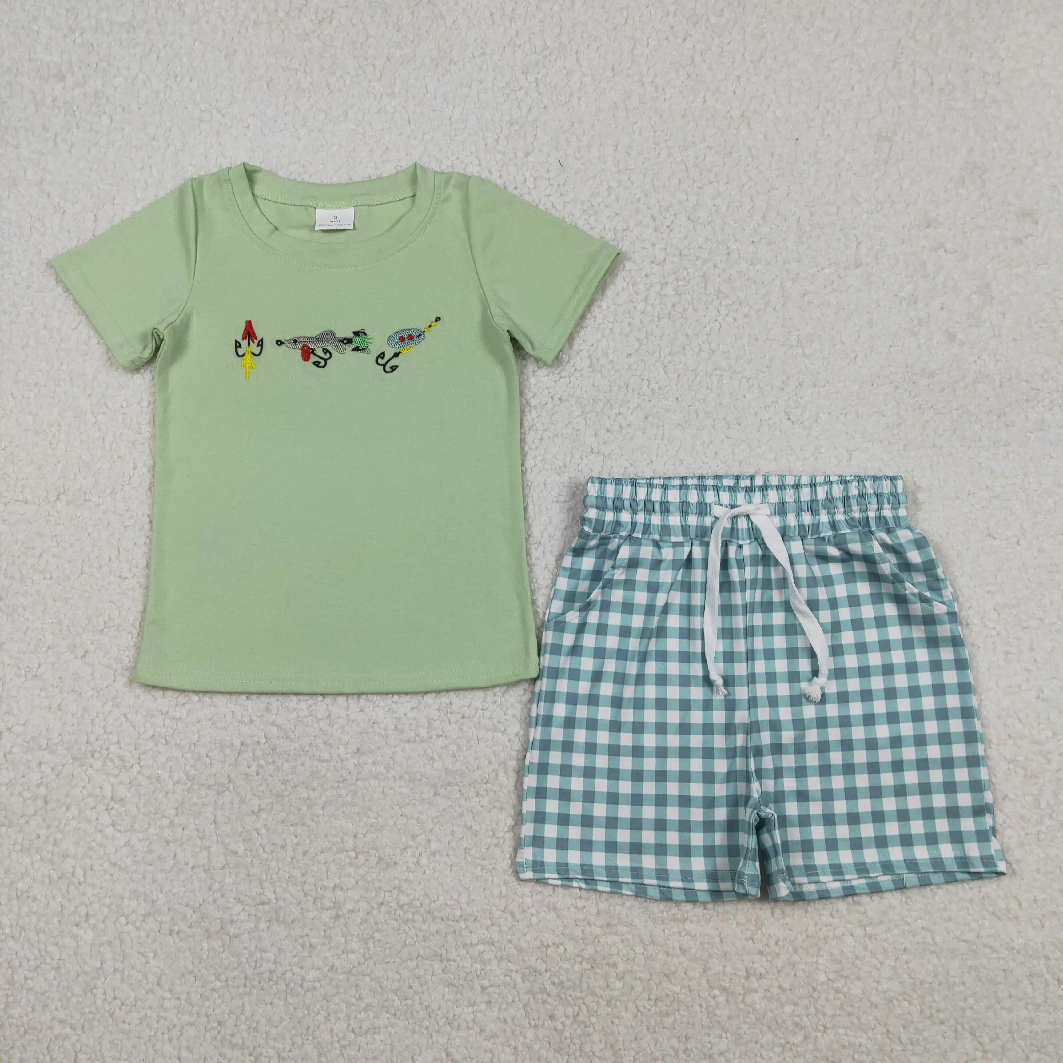 

z1210-02 BSSO1621 Wholesale Boutique boys embroidery fishing short sleeve shorts Set Summer Children clothing