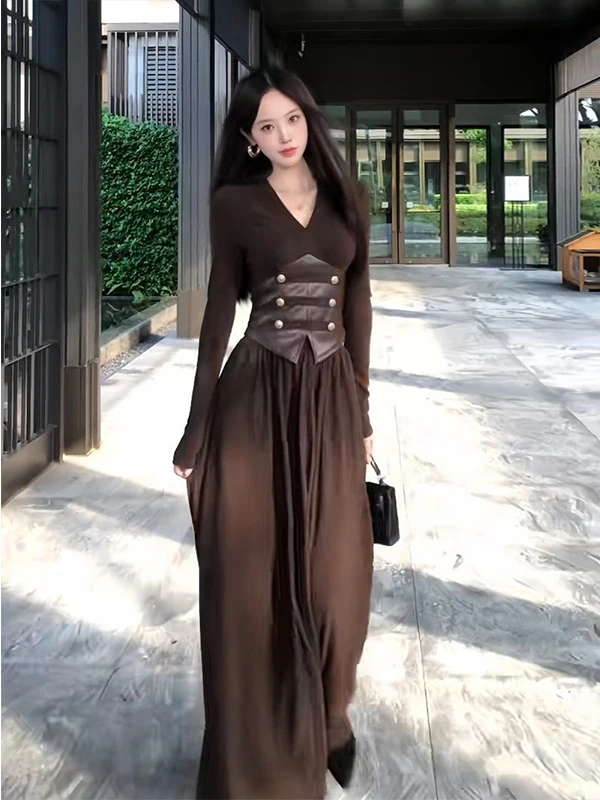 Slimming Effect Loose Fitting V-Neck Top And High Waist Midi Skirt Two-Piece Set Fashionable PU Design Autumn Women's Wear
