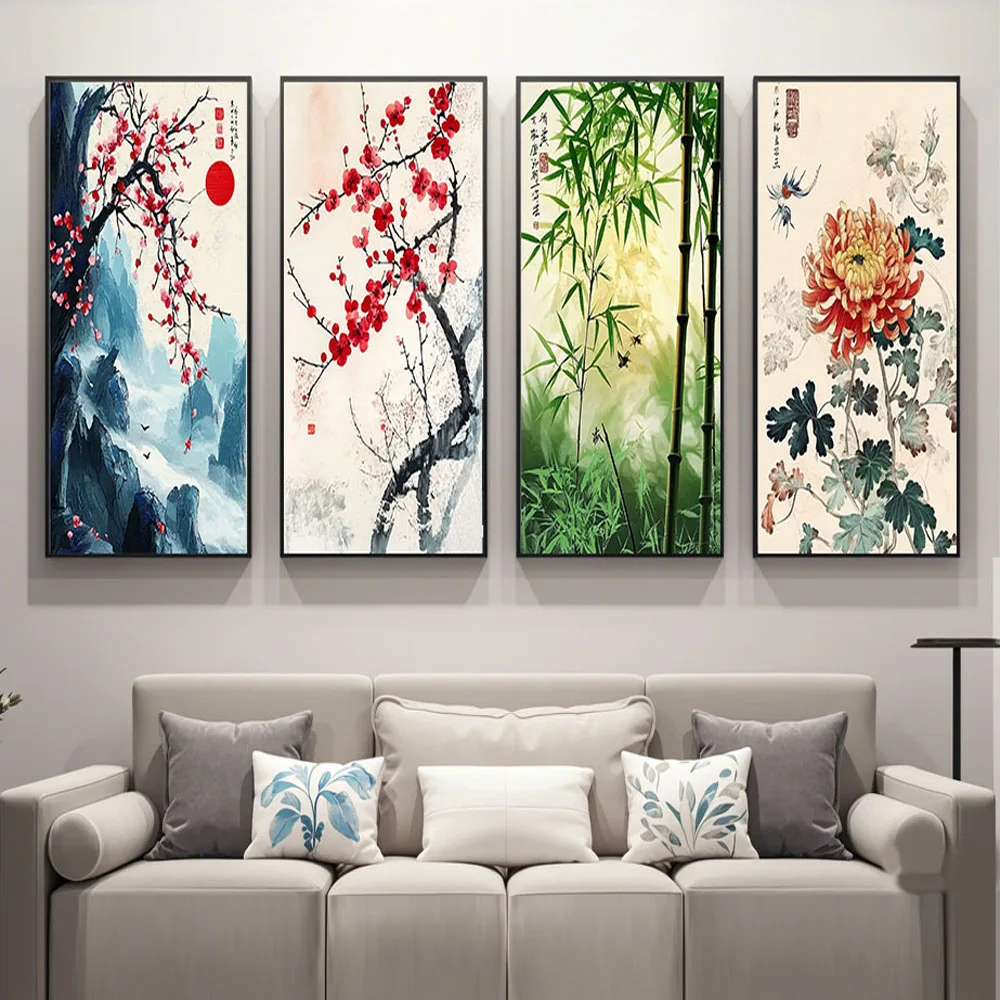 Printed Poster Nordic Canvas Chinese Flower Bamboo Orchid Wall Art for Gift Home Wall Hanging Room Decor