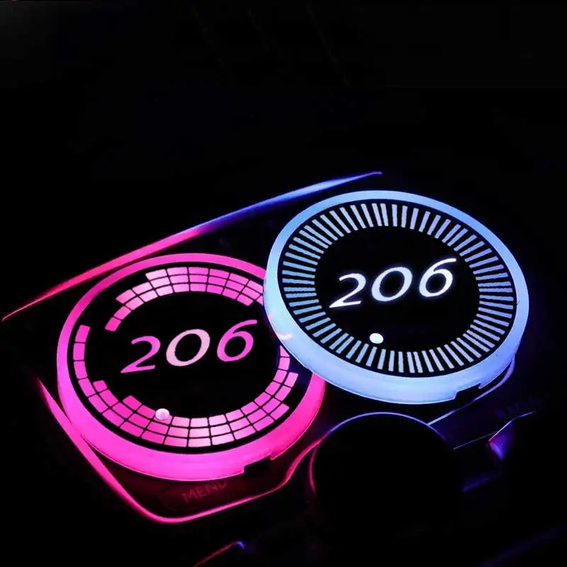 7 Colorful Intelligent LED Cup Mat Pad Car Water Coaster For Peugeot 206 Emblem Drinks Holders USB Charging Atmosphere Light