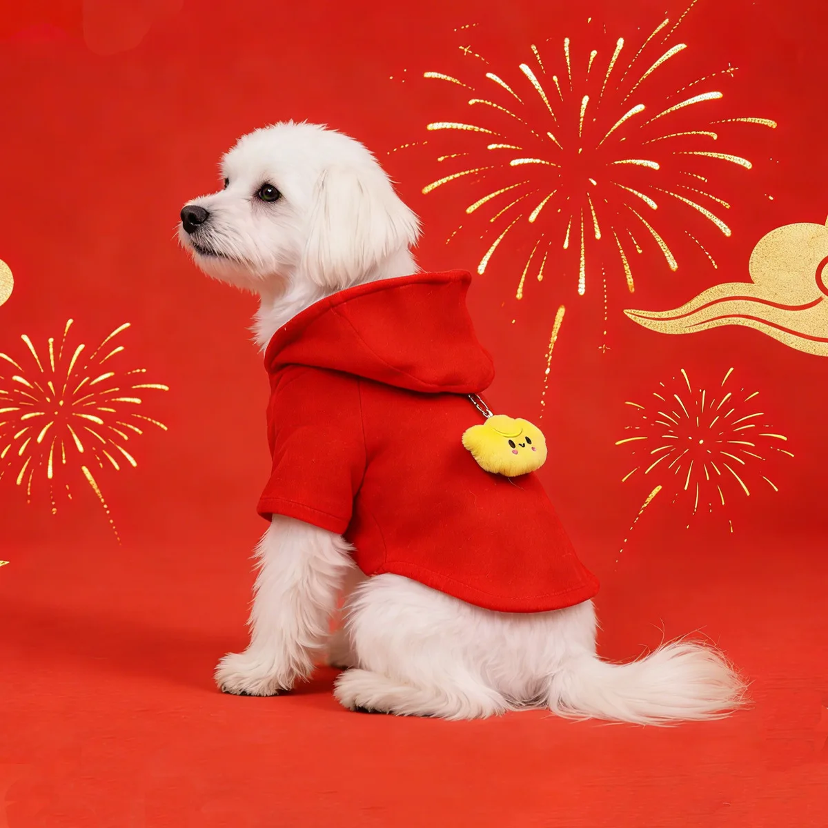 

New Year Dog Coat Thick Fleece Warm Red Woolen Outfit With Gold Ingot Pendant Festive Pet Clothes for Puppy Small Medium Dogs