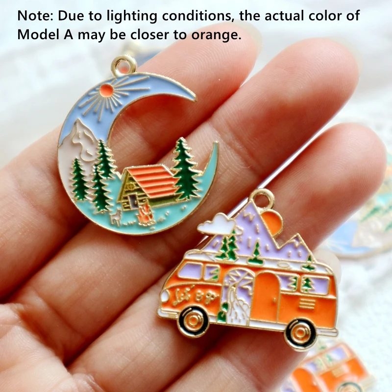 8PCS Creative Moon Bus Alloy Enamel Pendant Village Snowy Mountain Forest Charm DIY Necklace Bracelet Earring Keychain Accessory