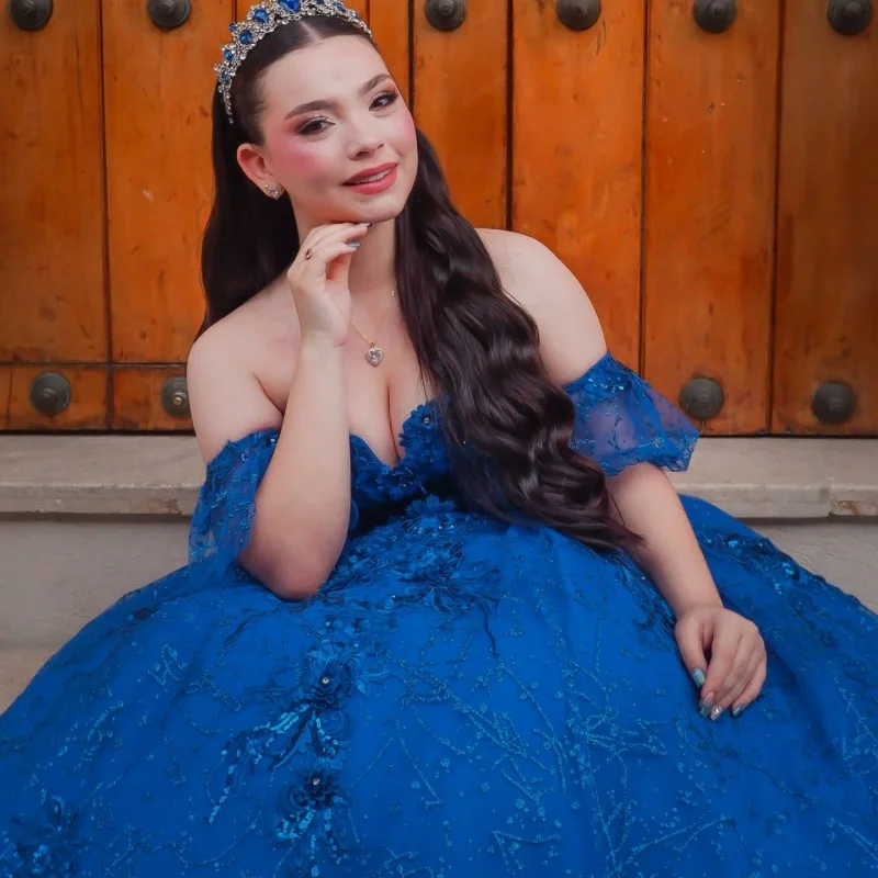 

Dark Blue Quinceanera Dress off-shoulder Glitter Crystal 3D Flower Decal Long tail vestidos de 15 Quinceanera ﻿Customize