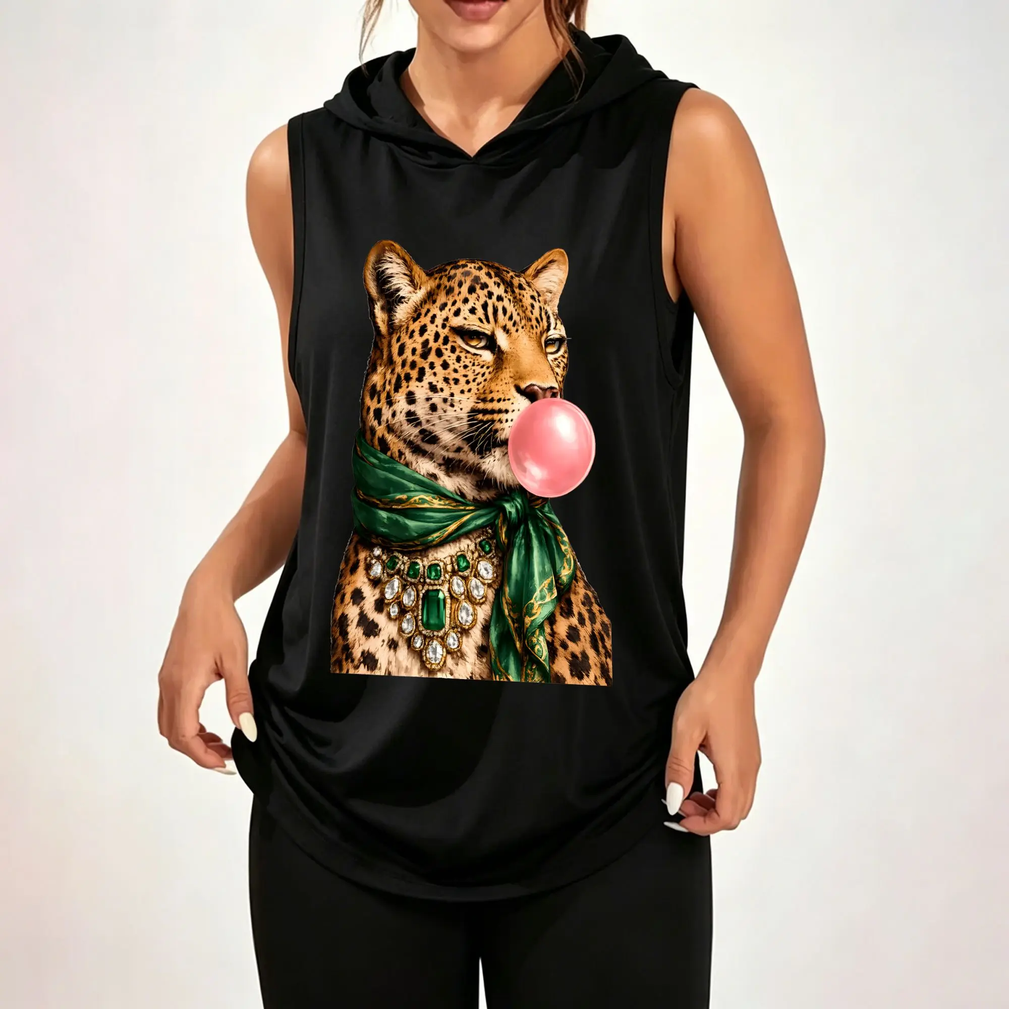 Women's Sleeveless Hoodie, Leopard Bling Bubble Gum Luxury Animal Portrait Graphic Print Casual Hooded Tank Top