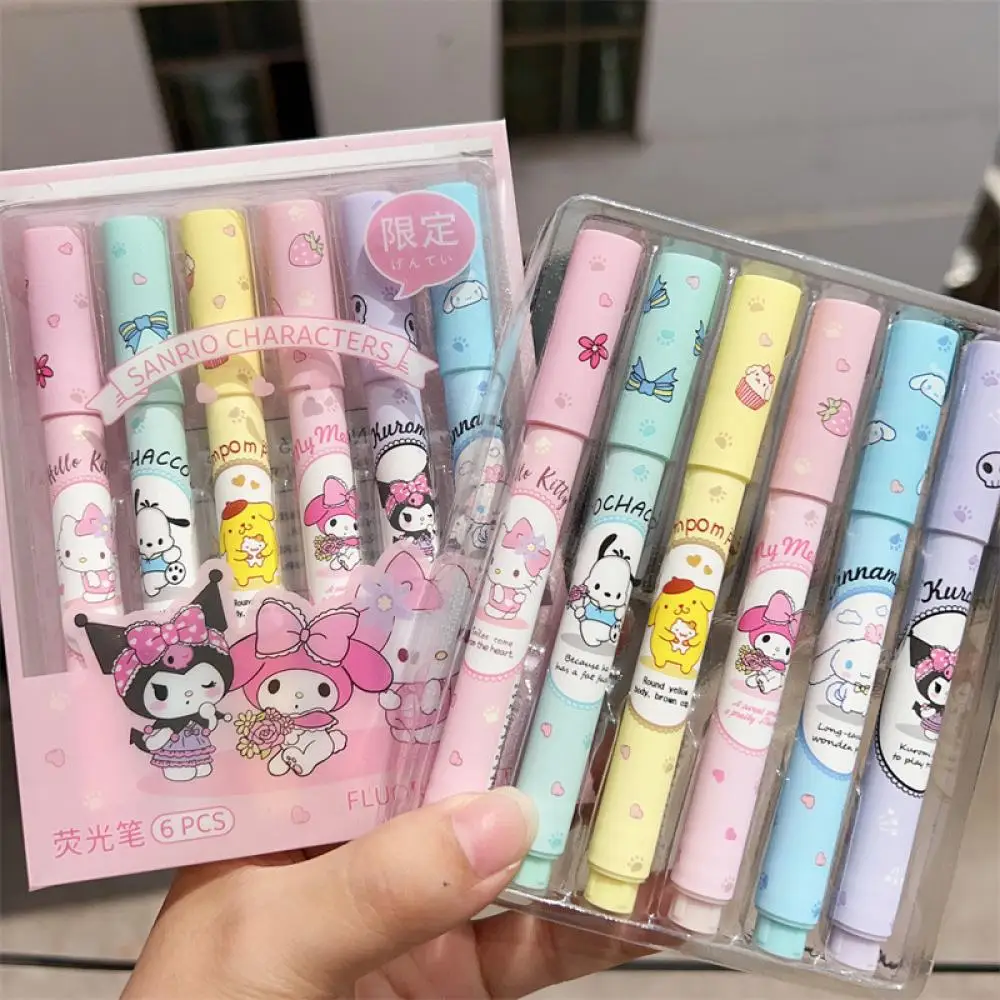 6Pcs/box Sanrio Hello Kitty Highlighter Pen Set Kawaii Kuromi Purin Cinnamoroll Art Fluorescent Markers Pens School Stationery