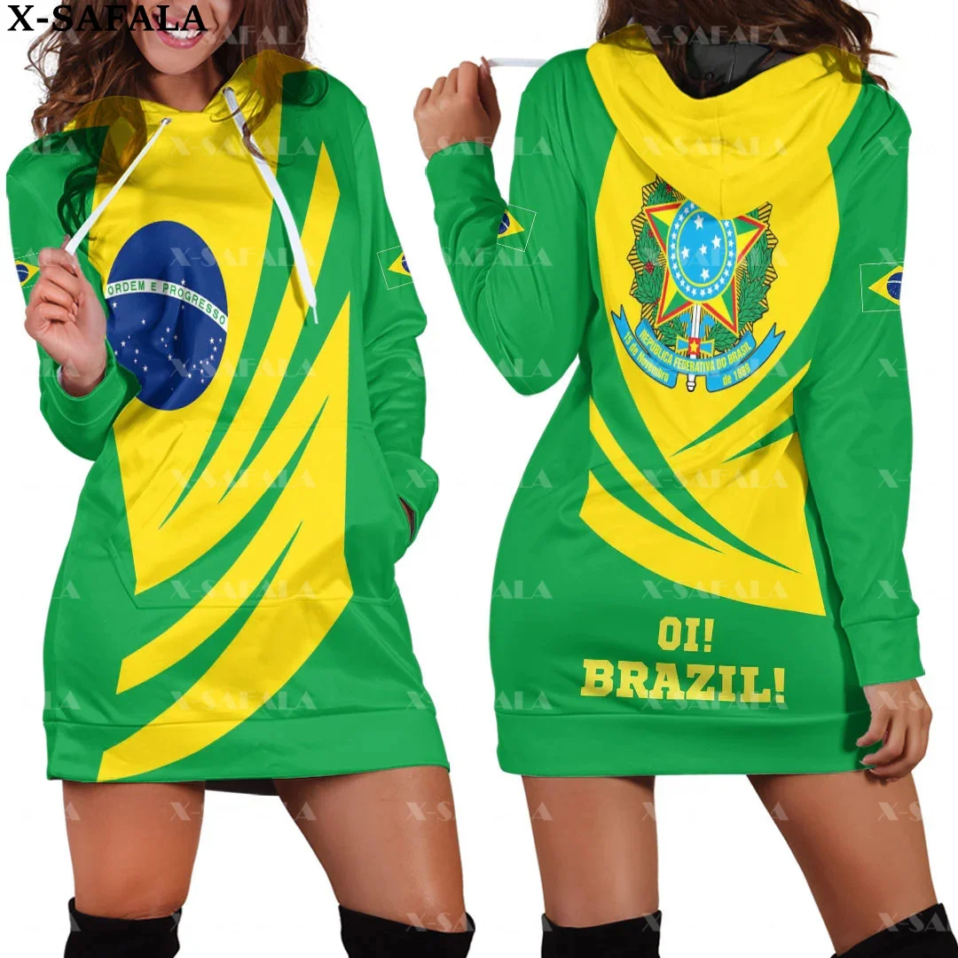 

Brazil Brazilian Emblem Country Flag Harajuku Novelty 3D Print Autumn Hoodie Dress Women Casual Wear Long Sleeve Hooded Dress-1