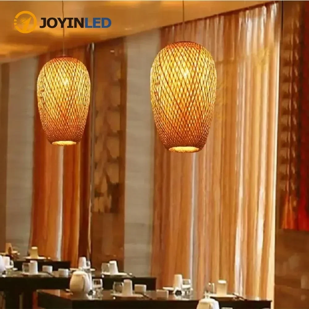 JOYINLED Loft Rattan Bamboo Hanging Light Handmade for Gallery, Corridor, Kitchen, Bay Window, Island Counter, Pantry, Library