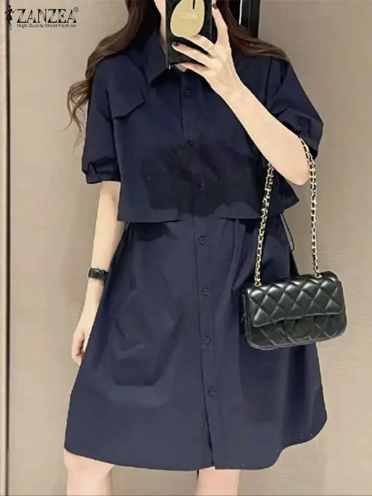 

Summer Fashion Overalls Dress ZANZEA Women Lapel Neck Short Sleeve Shirt Vestidos Casual Button Up Robe Vintage OL Work Sundress