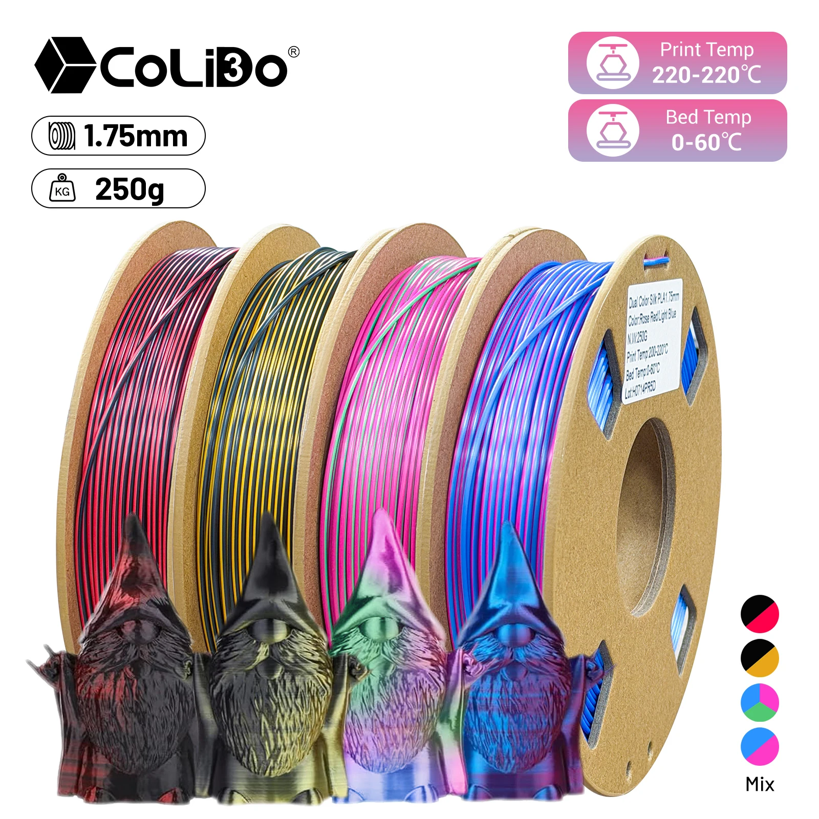 Silk PLA 1.75mm, 3D Printer Filament Bundle, 4 Rolls Mix 1kg Total, 250g per Spool, Dimensional Accuracy +/- 0.02mm for Bambulab