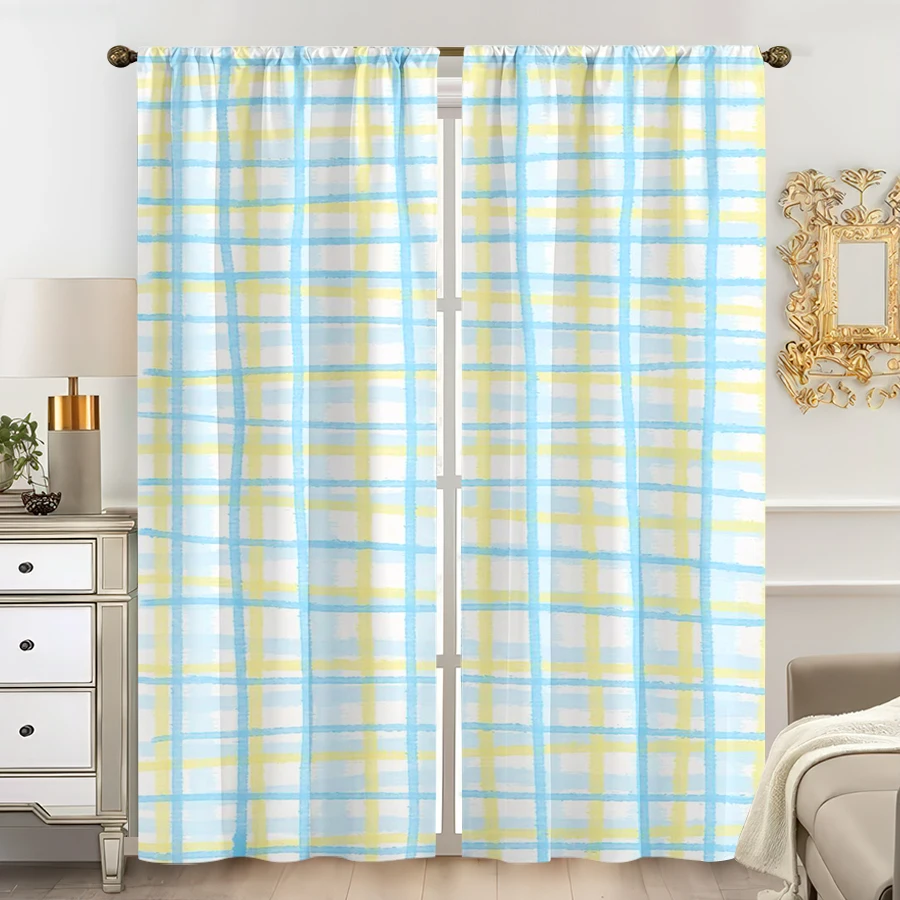 2PCS Multicolor Light Blue Yellow Plaid Watercolor Pattern Curtains Rod Pocket Design For Bedroom And Living Room