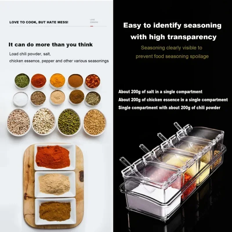 Four-compartment Seasoning Box Clear Plastic Spice Salt Spoon Box Transparent Salt Sugar Spice Container Kitchen Storage Case