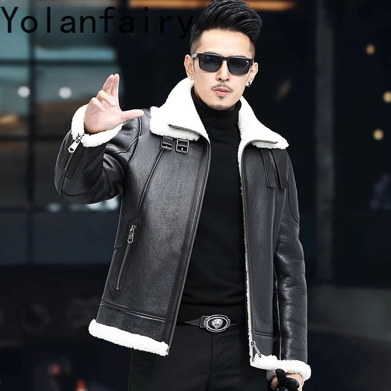 YOLANFAIRY Real Leather Jackets Man Natural Wool Fur Coat Men Winter Fashion 2025 Motorcycle Leather Jacket Coat Warm Fur Coats