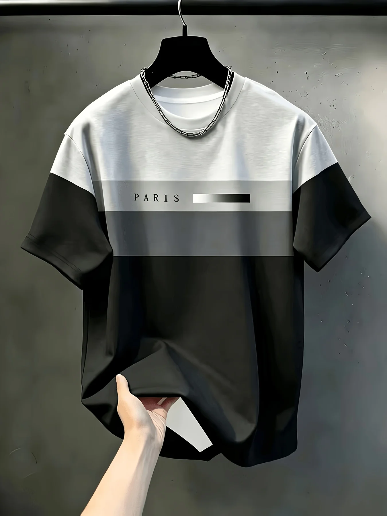 New Fashionable Men's Color-Blocked T-Shirt With Paris Lettering Print Round Neck Short-Sleeve Men's Casual Summer Top