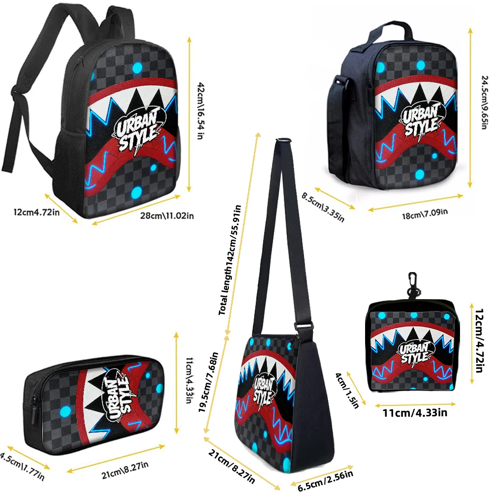 1/2/3/4/5PCS Trendy Shark Graphic Backpack Set | Perfect for School & Daily Adventures
