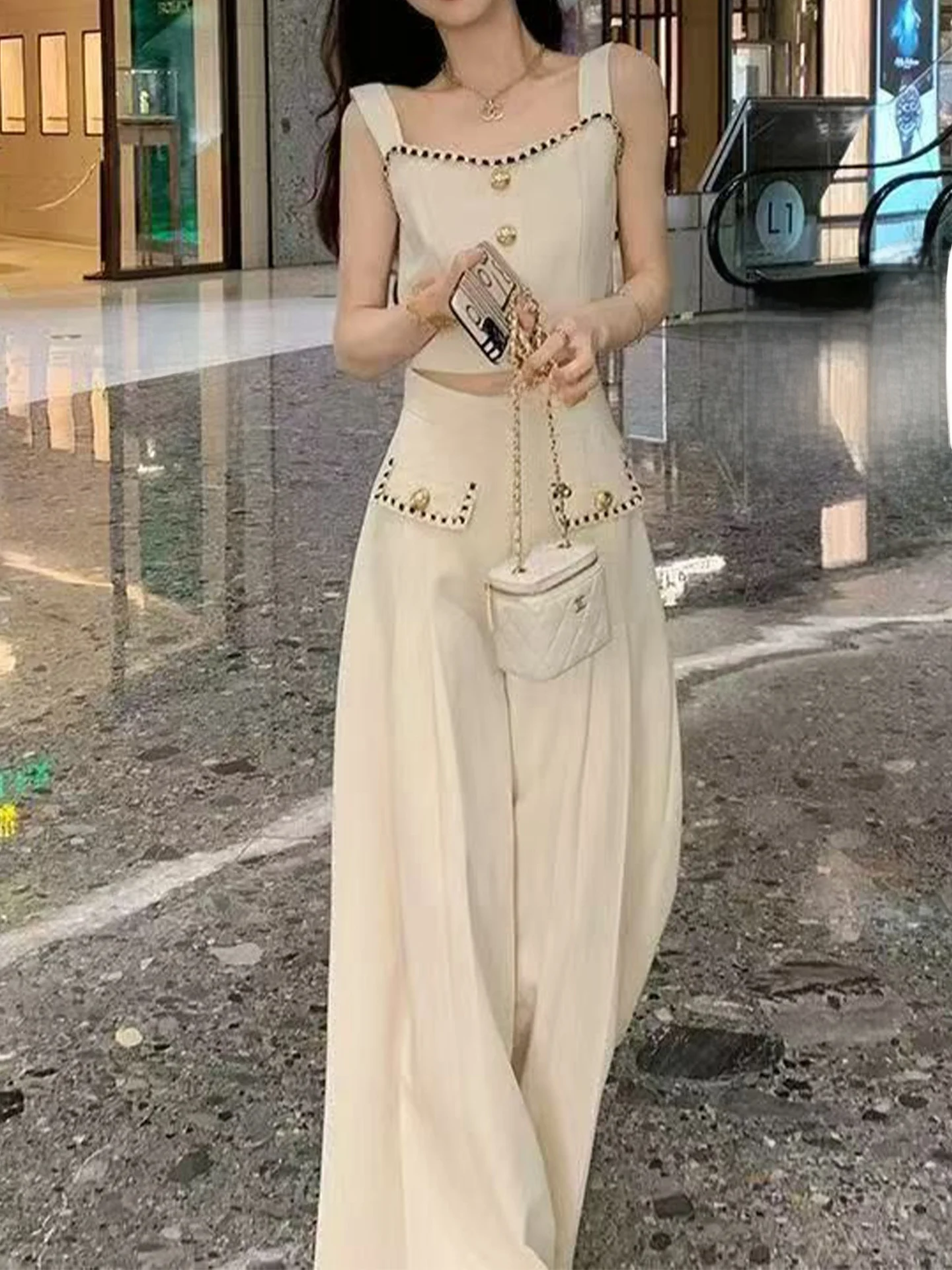 Summer New Style High Waist Wide Leg Pants And Tank Top Two Piece Set Women's Fashionable Elegant Little Fragrance Wind