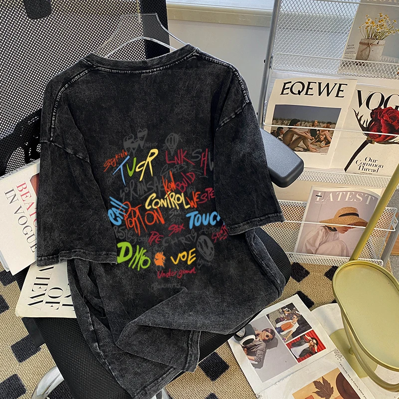 American Style Retro Colorful Letter Print Women T-shirt 2024 New Summer Trendy Wash-Black Top Harajuku Handsome Streetwear Tee